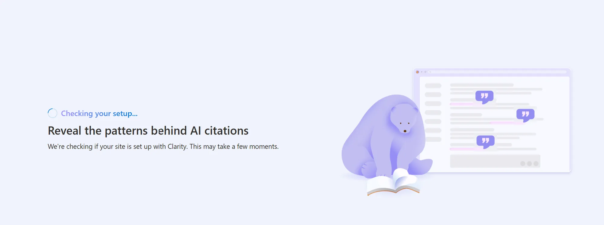 Ekran powitalny przy pierwszym wejściu w Citations w Microsoft Clarity: „Reveal the patterns behind AI citations" z komunikatem „Checking your setup..."