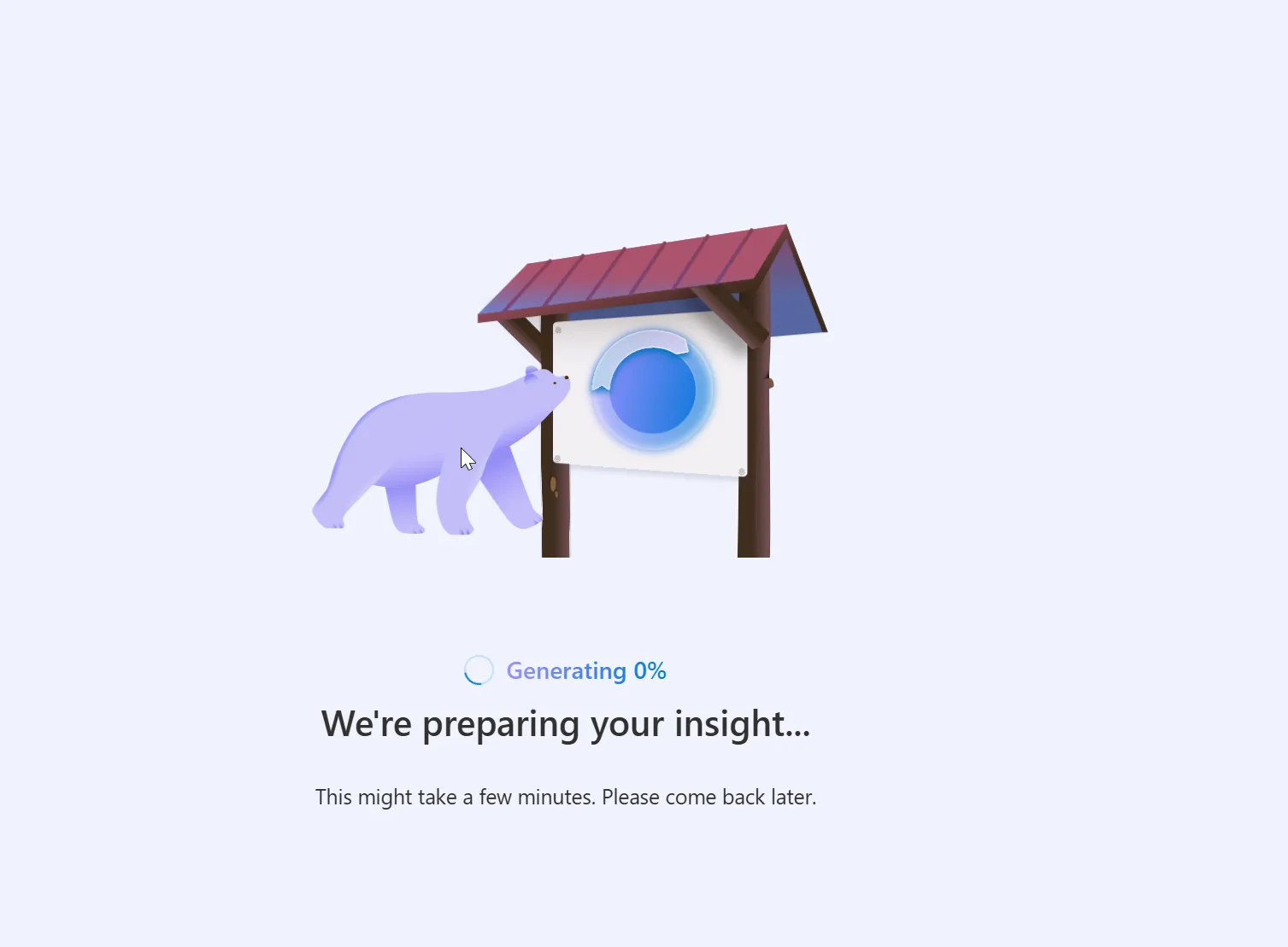 Ekran ładowania Topic Insights: „We're preparing your insight… Generating 0%. This might take a few minutes"