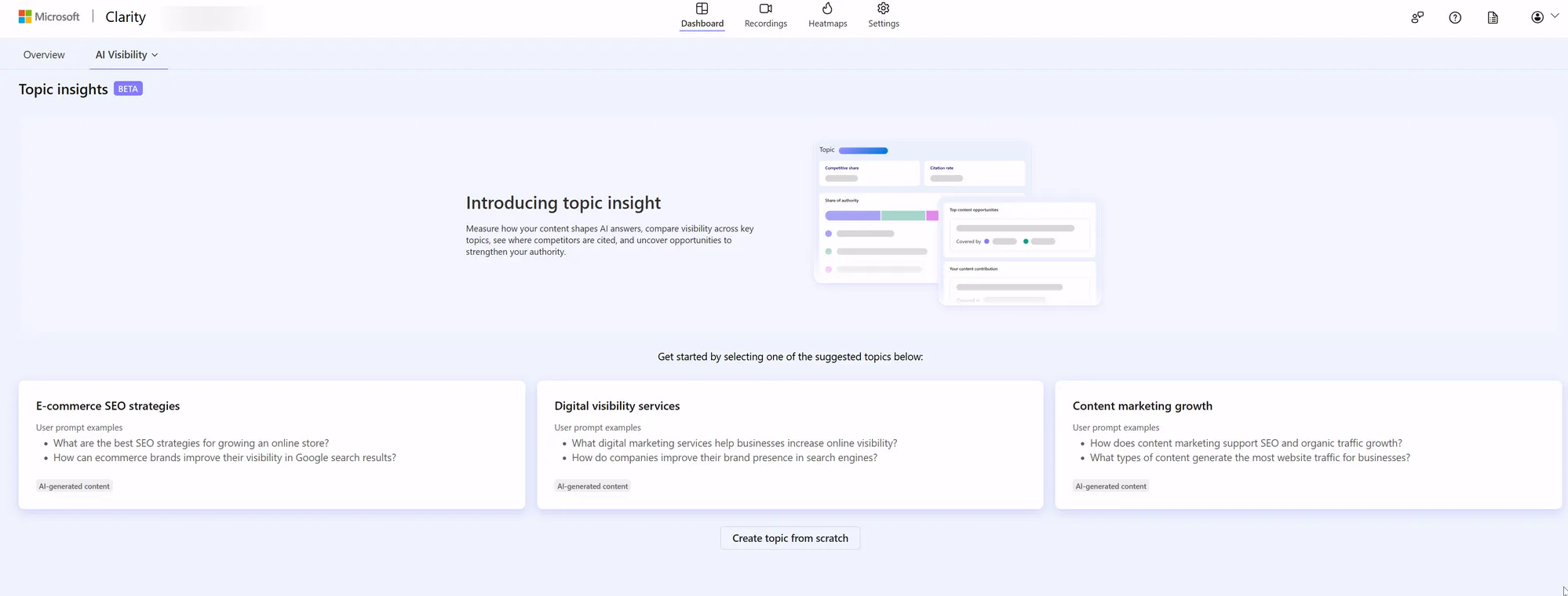 Ekran powitalny Topic insights w Microsoft Clarity: „Introducing topic insight" z trzema sugerowanymi tematami (E-commerce SEO strategies, Digital visibility services, Content marketing growth) oraz przyciskiem Create topic from scratch