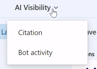 Wczesny stan rozwijanego menu AI Visibility w Microsoft Clarity: tylko pozycje Citation i Bot activity, bez Topic insights