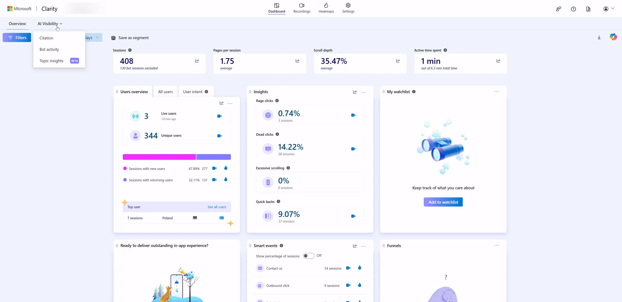 Rozwijane menu AI Visibility w Microsoft Clarity po uruchomieniu funkcji: pozycje Citation, Bot activity i Topic insights z tagiem BETA