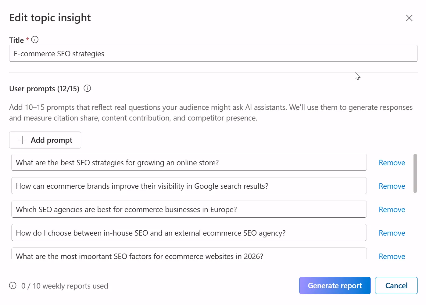 Ekran Edit topic insight z sugerowanym tematem „E-commerce SEO strategies" i 12 z 15 promptów wygenerowanych automatycznie w języku angielskim