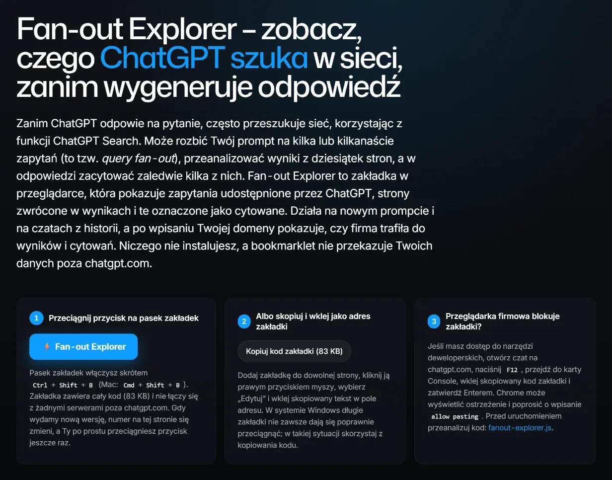 Strona narzędzia Fan-out Explorer na widocznosc.ai: tytuł, opis działania i trzy sposoby instalacji – przeciągnięcie przycisku na pasek zakładek, wklejenie kodu jako adresu zakładki i uruchomienie w konsoli przeglądarki